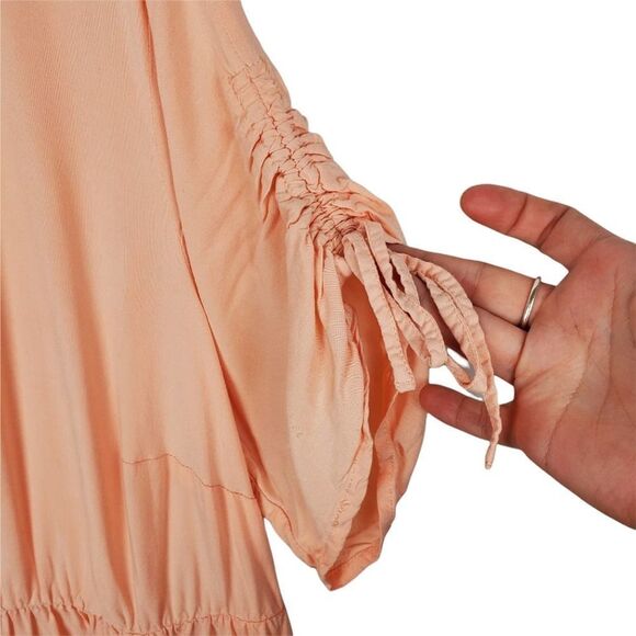 Torrid PEACH CHALLIS TIE SLEEVE BABYDOLL TOP Blouse Button Down Hi Low V Neck - Picture 4 of 9